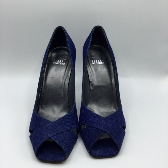 STUART Weitzman Sz 10M Navy Linen Open Toe Pump with Wood 4” Heels - Picture 4 of 13